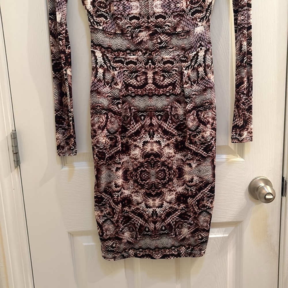 Snake skin keyhole midi dress long sleeve bodyCon animal print knee length dress - Picture 2 of 12